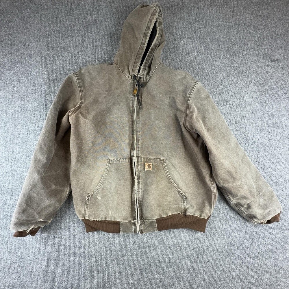 Carhartt J25 Jacket Mens XLT Brown Canvas Hooded Full Zip Lined Workwear Bomber